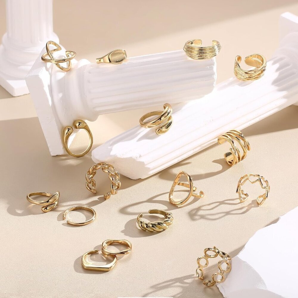 Gold Ring Set 16 Pcs Adjustable Chunky Dome Stackable Jewelry for Women - Picture 7 of 9